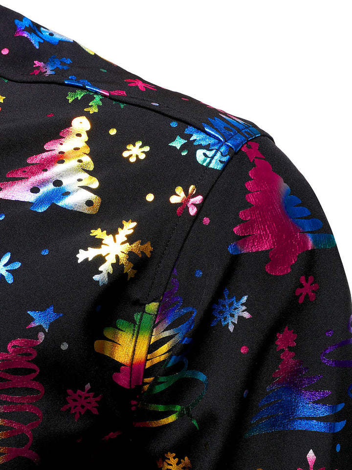 Ανδρικό Χρυσό Χριστουγεννιάτικο Εκτύπωση Κανονική Εφαρμογή Μαύρο Μακρυμάνικο Πουκάμισο