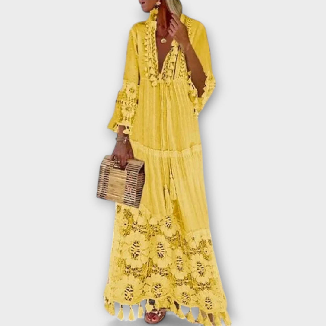 Κλασικό Μακρύ Φόρεμα Στυλ Μποέμ με Μακριά Μανίκια, Δαντέλα και Φούντες