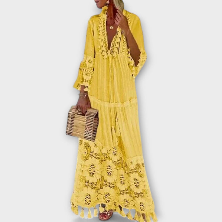 Κλασικό Μακρύ Φόρεμα Στυλ Μποέμ με Μακριά Μανίκια, Δαντέλα και Φούντες