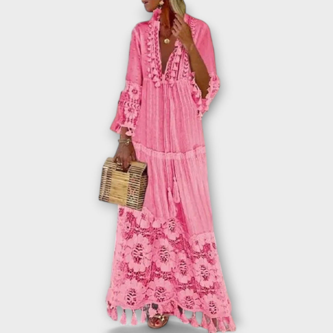 Κλασικό Μακρύ Φόρεμα Στυλ Μποέμ με Μακριά Μανίκια, Δαντέλα και Φούντες