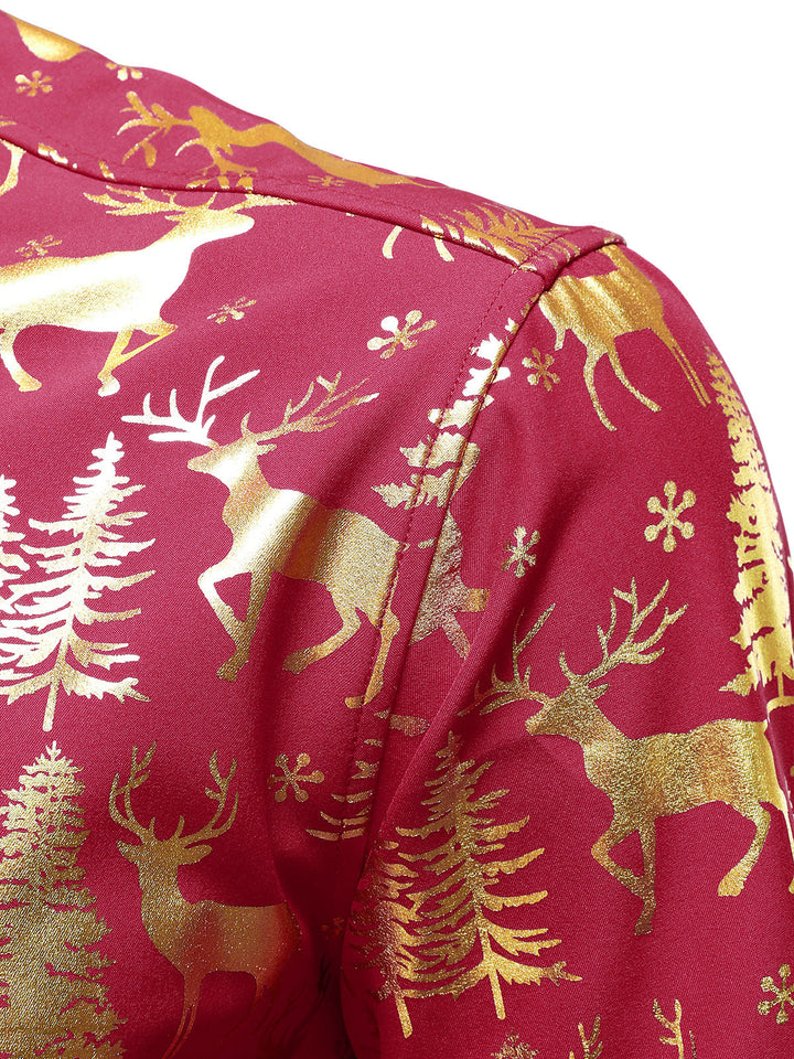 Ανδρικό Χρυσό Χριστουγεννιάτικο Ελάφι Γιορτινό Εκτύπωμα Κόκκινο Μακρυμάνικο Πουκάμισο