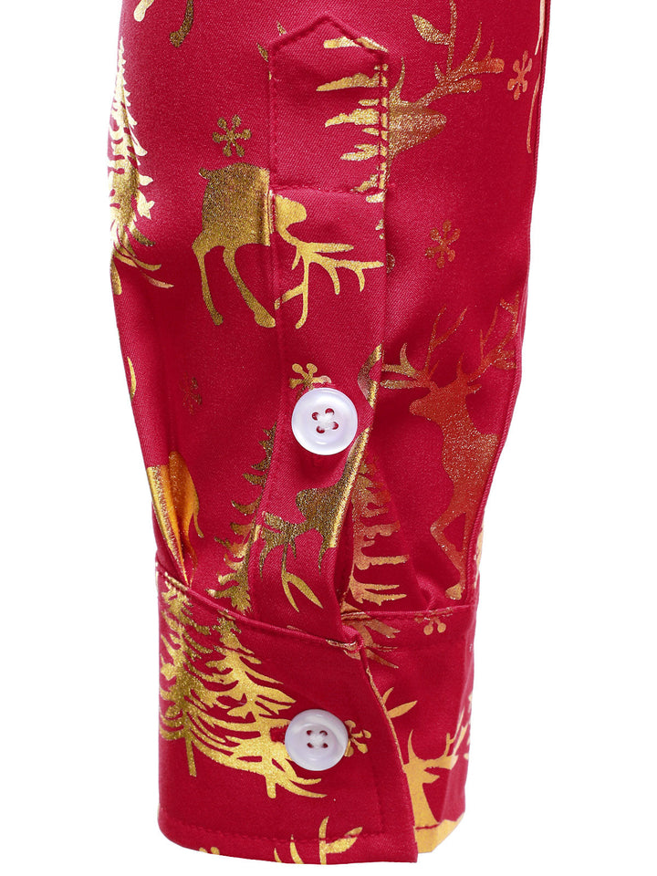 Ανδρικό Χρυσό Χριστουγεννιάτικο Ελάφι Γιορτινό Εκτύπωμα Κόκκινο Μακρυμάνικο Πουκάμισο