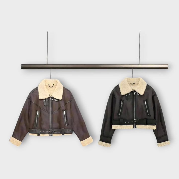 Δερμάτινο Κοντό Μπουφάν με Δέρμα και Ζώνη