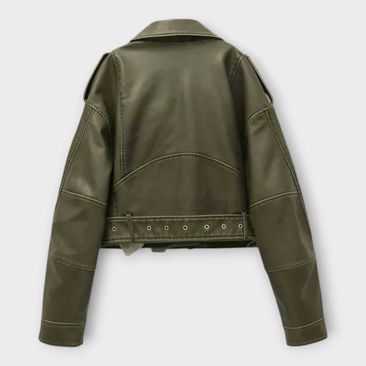 Μοντέρνα Κοντή Δερμάτινη Ζακέτα με Ζώνη και Εκλεπτυσμένη Αισθητική